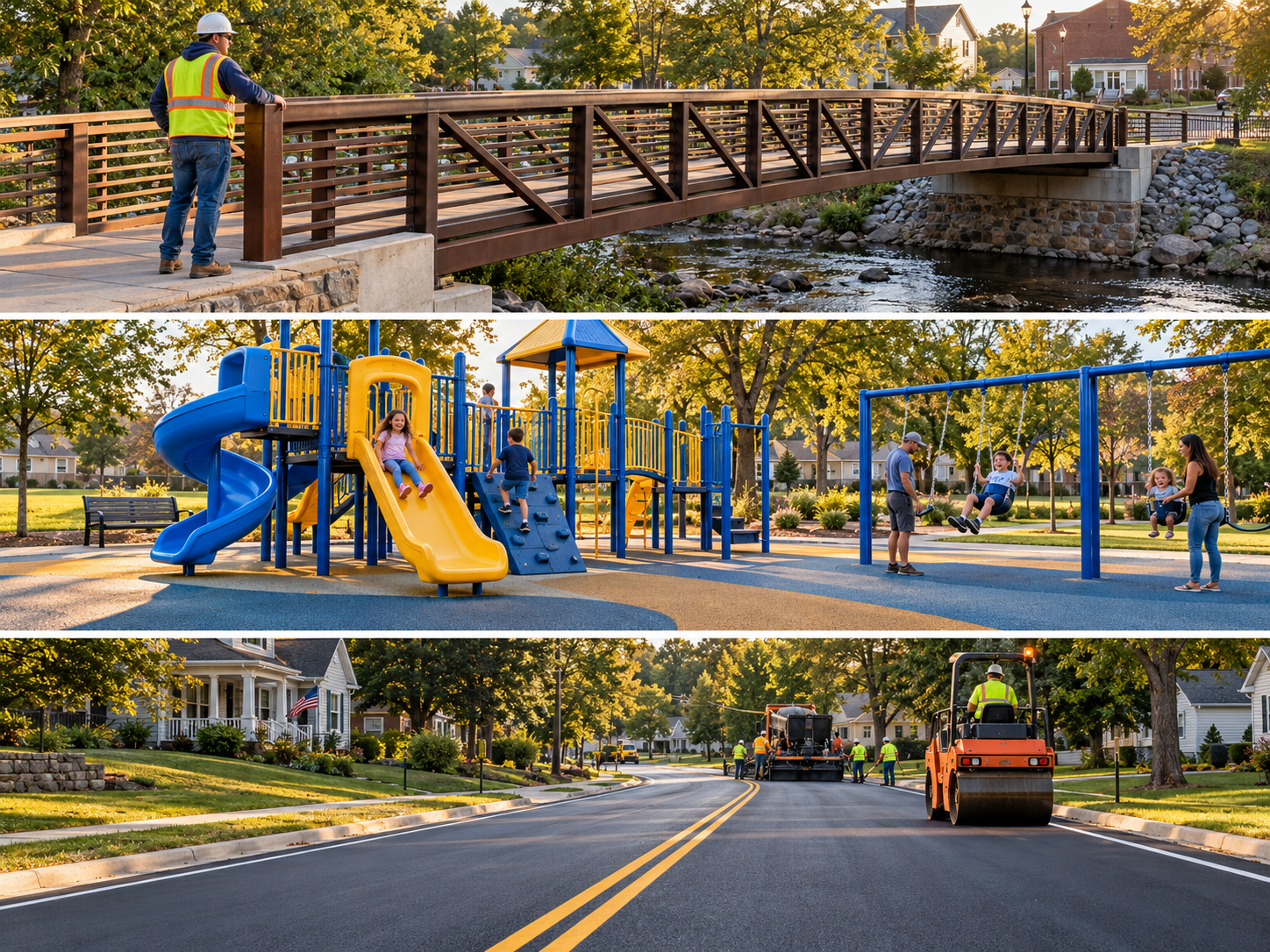 Illustration of a rebuilt pedestrian bridge, renewed playground, and resurfaced neighborhood road